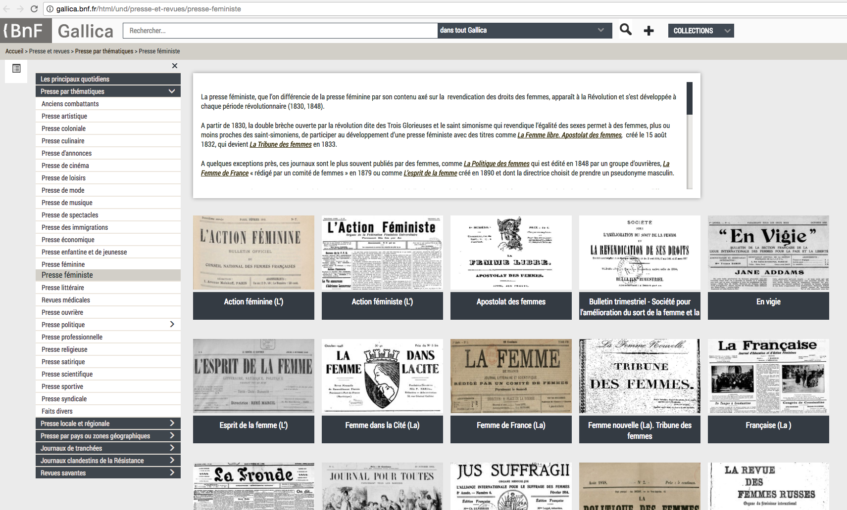 Presse Féministe sur Gallica : journaux référencés et mis à disposition de 16 journaux de 1832 à 1951 